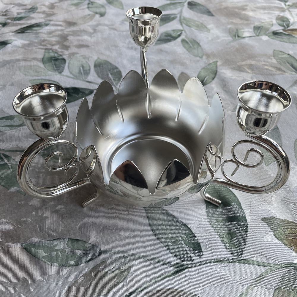 Vintage Godinger Silver Art Co Lotus Centerpiece Bowl Triple Taper Candle Holder